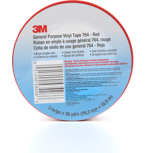 764 General-Purpose Vinyl Tape, 76 mm (3") W x 32.9 m (108') L, 5 mils, Red Toolneeds Inc.