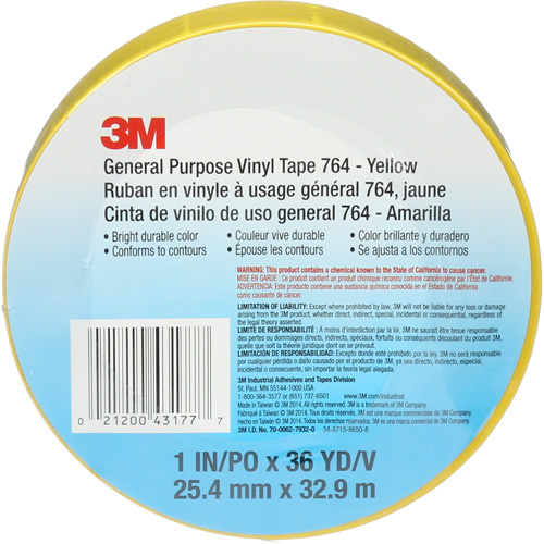 764 General-Purpose Vinyl Tape, 25.4 mm (1") W x 32.9 m (108') L, 5 mils, Yellow Toolneeds Inc.