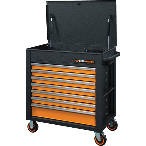 Chariot &agrave; outils s&eacute;rie GSX avec dessus inclin&eacute;, 7 tiroirs, 35" lo x 20" la x 39" h, Noir/Orange Toolneeds Inc.