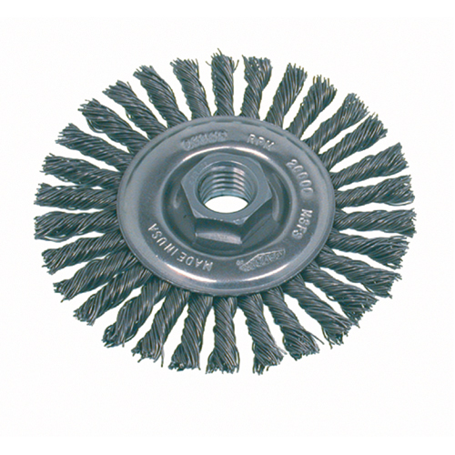 Brosse rotative &agrave; fils nou&eacute;s pour petites meuleuses haute vitesse, pour passe de fond, Dia. 4", Fils 0,02", Arbre 5/8"-11, Acier inoxydable Toolneeds Inc.