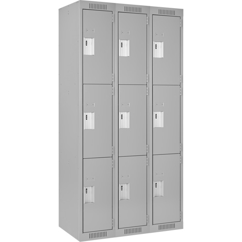 Clean Line Lockers, 3 -tier, Bank of 3, 36" x 18" x 72", Steel, Grey, Rivet (Assembled) Toolneeds Inc.