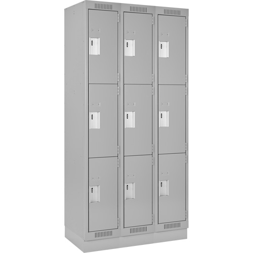 Clean Line Lockers, 3 -tier, Bank of 3, 36" x 18" x 76", Steel, Grey, Rivet (Assembled) Toolneeds Inc.