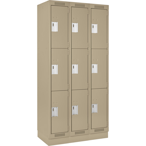 Clean Line Lockers, 3 -tier, Bank of 3, 36" x 18" x 76", Steel, Beige, Rivet (Assembled) Toolneeds Inc.