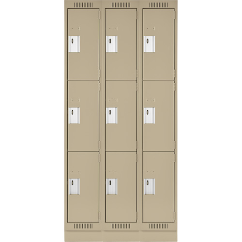 Clean Line Lockers, 3 -tier, Bank of 3, 36" x 18" x 76", Steel, Beige, Rivet (Assembled) Toolneeds Inc.