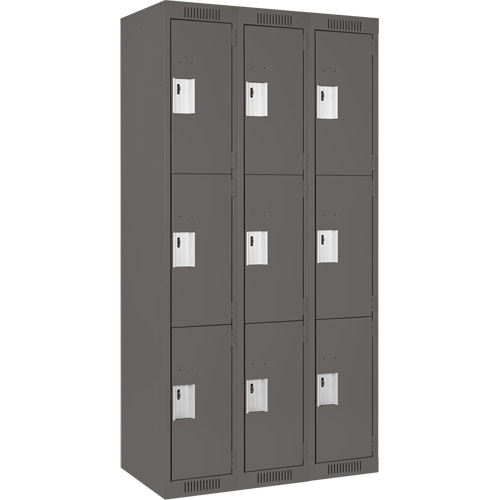 Clean Line Lockers, 3 -tier, Bank of 3, 36" x 18" x 72", Steel, Charcoal, Rivet (Assembled) Toolneeds Inc.