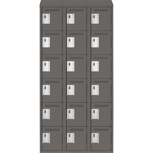 Clean Line Lockerette, 6 -tier, Bank of 3, 36" x 18" x 78", Steel, Charcoal, Rivet (Assembled) Toolneeds Inc.