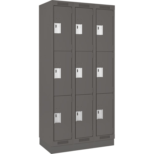 Clean Line Lockers, 3 -tier, Bank of 3, 36" x 18" x 76", Steel, Charcoal, Rivet (Assembled) Toolneeds Inc.