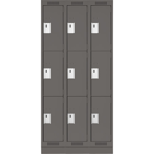 Clean Line Lockers, 3 -tier, Bank of 3, 36" x 18" x 76", Steel, Charcoal, Rivet (Assembled) Toolneeds Inc.