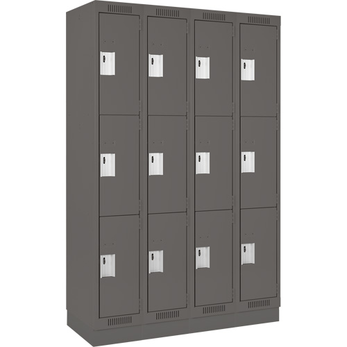 Clean Line Lockers, 3 -tier, Bank of 4, 48" x 18" x 76", Steel, Charcoal, Rivet (Assembled) Toolneeds Inc.