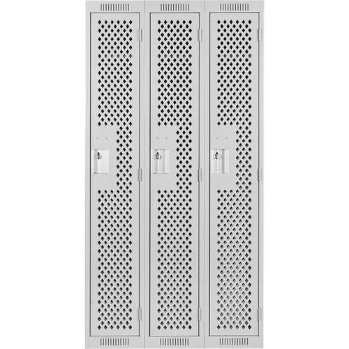 Clean Line Lockers, Bank of 3, 36" x 15" x 72", Steel, Grey, Rivet (Assembled), Perforated Toolneeds Inc.