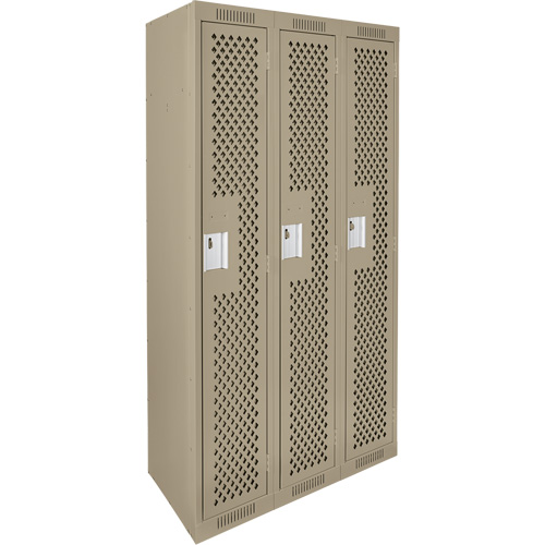 Clean Line Lockers, Bank of 3, 36" x 15" x 72", Steel, Beige, Rivet (Assembled), Perforated Toolneeds Inc.