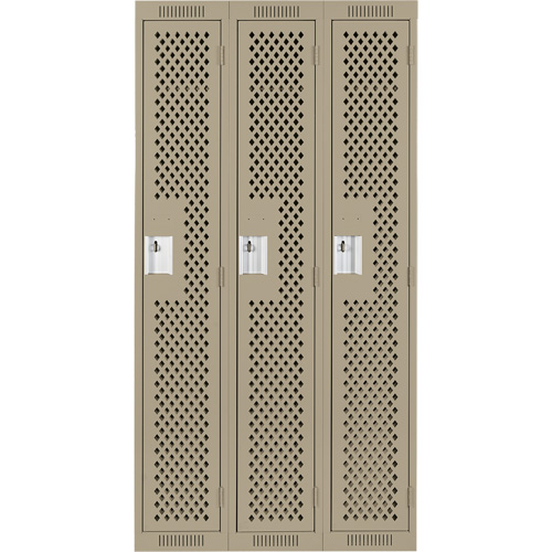 Clean Line Lockers, Bank of 3, 36" x 15" x 72", Steel, Beige, Rivet (Assembled), Perforated Toolneeds Inc.