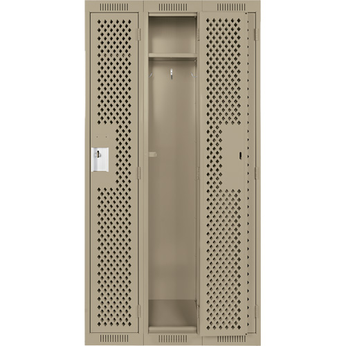 Clean Line Lockers, Bank of 3, 36" x 15" x 72", Steel, Beige, Rivet (Assembled), Perforated Toolneeds Inc.