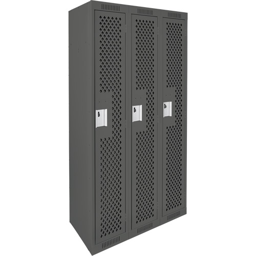 Clean Line Lockers, Bank of 3, 36" x 15" x 72", Steel, Charcoal, Rivet (Assembled), Perforated Toolneeds Inc.