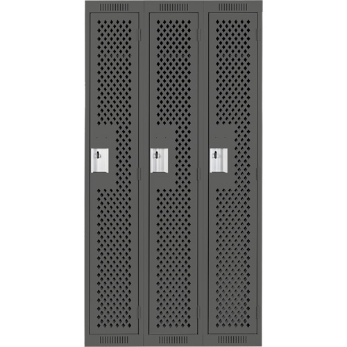 Clean Line Lockers, Bank of 3, 36" x 15" x 72", Steel, Charcoal, Rivet (Assembled), Perforated Toolneeds Inc.