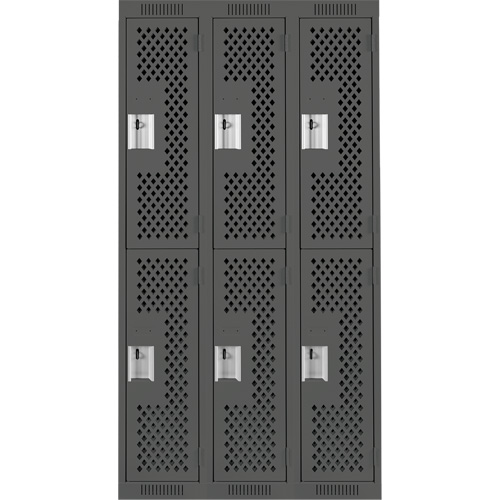 Clean Line Lockers, 2 -tier, Bank of 3, 36" x 15" x 72", Steel, Charcoal, Rivet (Assembled), Perforated Toolneeds Inc.