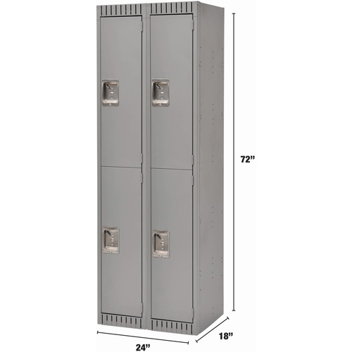 Lockers, 2 -tier, Bank of 2, 24" x 18" x 72", Steel, Grey, Knocked Down Toolneeds Inc.