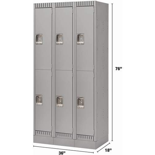 Lockers, 2 -tier, Bank of 3, 36" x 18" x 76", Steel, Grey, Knocked Down Toolneeds Inc.
