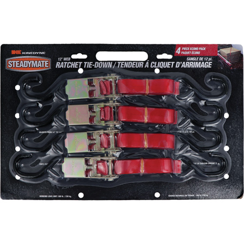 Tendeurs d'arrimage &agrave; cliquet, Crochet en S, 1" , 12' , Charge d'utilisation max. 500 lb (230 kg) Toolneeds Inc.