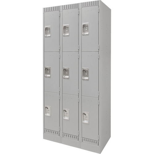 Lockers, 3 -tier, Bank of 3, 36" x 18" x 76", Steel, Grey, Knocked Down Toolneeds Inc.