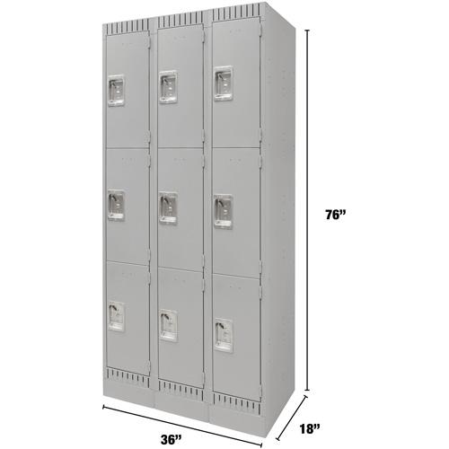 Lockers, 3 -tier, Bank of 3, 36" x 18" x 76", Steel, Grey, Knocked Down Toolneeds Inc.