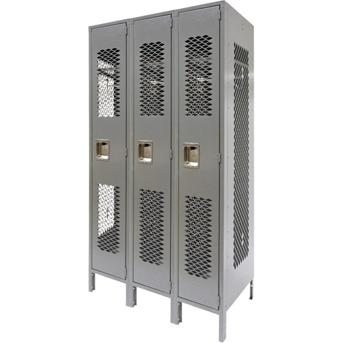 Vented Lockers, Bank of 3, 36" x 18" x 78", Steel, Grey, Knocked Down, Perforated Toolneeds Inc.