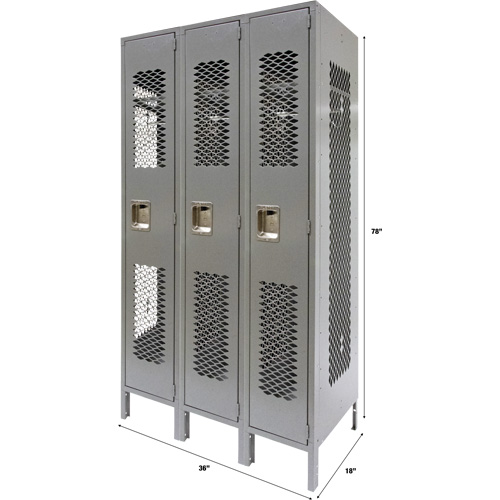 Vented Lockers, Bank of 3, 36" x 18" x 78", Steel, Grey, Knocked Down, Perforated Toolneeds Inc.