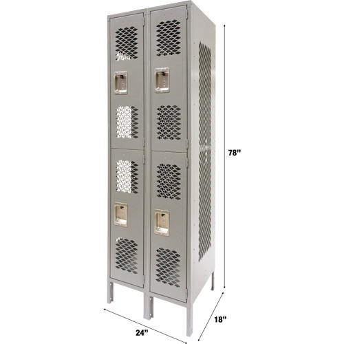 Vented Lockers, 2 -tier, Bank of 2, 24" x 18" x 78", Steel, Grey, Knocked Down, Perforated Toolneeds Inc.