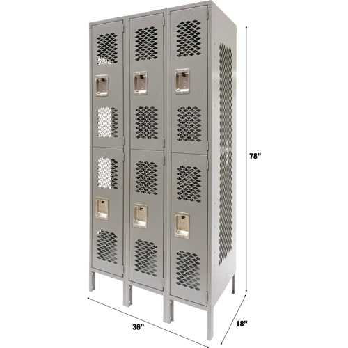 Vented Lockers, 2 -tier, Bank of 3, 36" x 18" x 78", Steel, Grey, Knocked Down, Perforated Toolneeds Inc.
