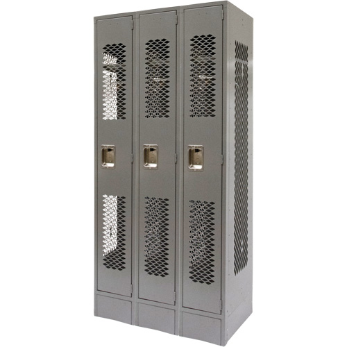 Vented Lockers, Bank of 3, 36 x 18" x 78", Steel, Grey, Knocked Down, Perforated Toolneeds Inc.