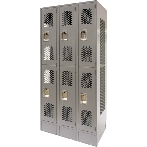 Vented Lockers, 2 -tier, Bank of 3, 36 x 18" x 78", Steel, Grey, Knocked Down, Perforated Toolneeds Inc.