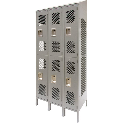Vented Lockers, 2 -tier, Bank of 3, 36" x 18" x 88", Steel, Grey, Knocked Down, Perforated Toolneeds Inc.