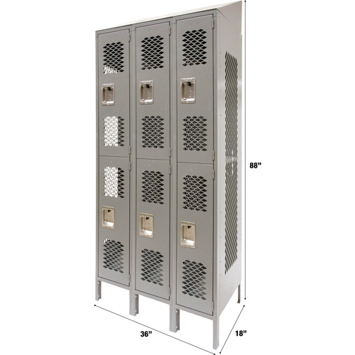 Vented Lockers, 2 -tier, Bank of 3, 36" x 18" x 88", Steel, Grey, Knocked Down, Perforated Toolneeds Inc.