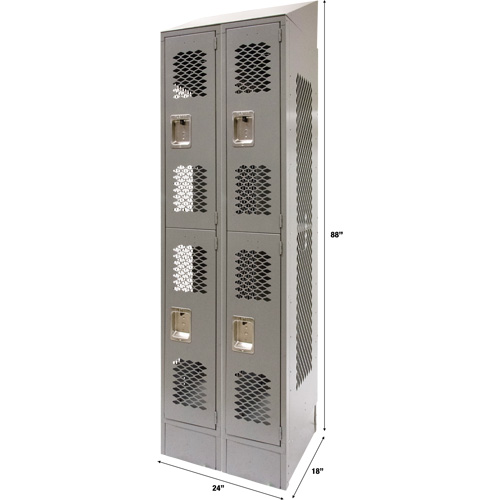 Vented Lockers, 2 -tier, Bank of 2, 24" x 18" x 88", Steel, Grey, Knocked Down, Perforated Toolneeds Inc.