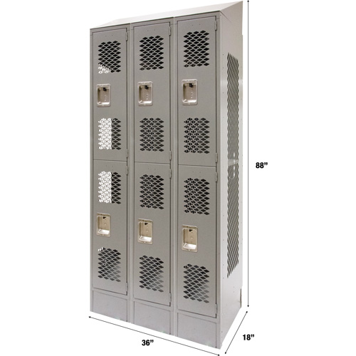 Vented Lockers, 2 -tier, Bank of 3, 36 x 18" x 88", Steel, Grey, Knocked Down, Perforated Toolneeds Inc.