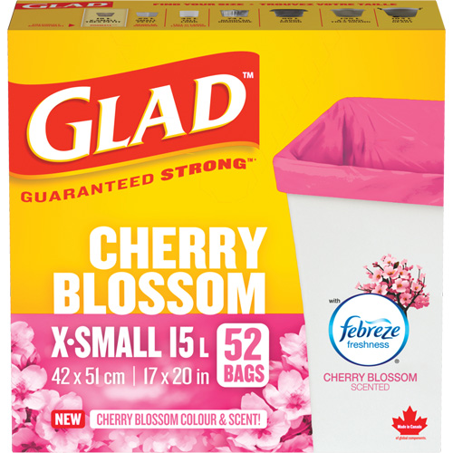 Sacs parfum&eacute;s et de couleur fleur de cerisier de Glad, Fort, 17" la x 20" lo, Rose, Capacit&eacute; 15 L (3,96 gal) Toolneeds Inc.