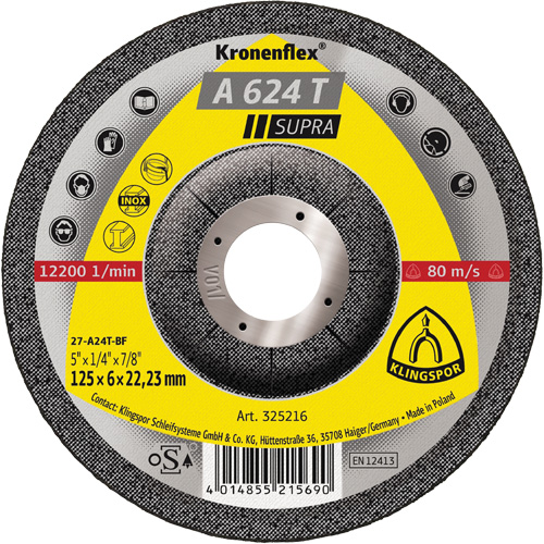 A 624 T Supra Kronenflex&reg; Grinding Disc, 5" x 1/4", 7/8" Arbor Toolneeds Inc.