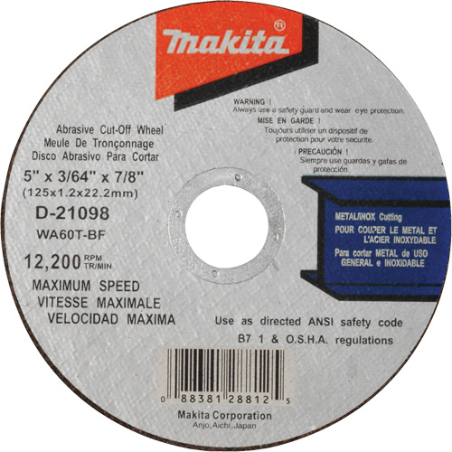 Thin Kerf Cut-Off Wheel, 5" x 3/64", 7/8" Arbor, Type 1, Aluminum Oxide, 12200 RPM Toolneeds Inc.