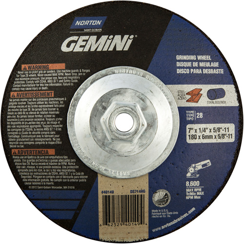 Gemini&reg; Saucer Wheel, 7" x 1/4", 5/8"-11 Arbor, Aluminum Oxide, Type 28 Toolneeds Inc.