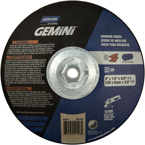 Gemini&reg; Saucer Wheel, 9" x 1/4", 5/8"-11 Arbor, Aluminum Oxide, Type 28 Toolneeds Inc.
