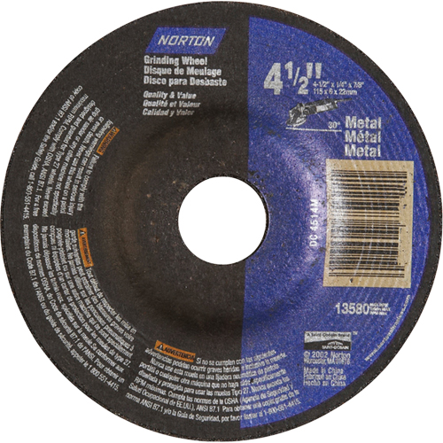 Depressed Centre Metal Grinding Wheels, 4-1/2" x 1/4", 7/8" Arbor, Aluminum Oxide, Type 27 Toolneeds Inc.