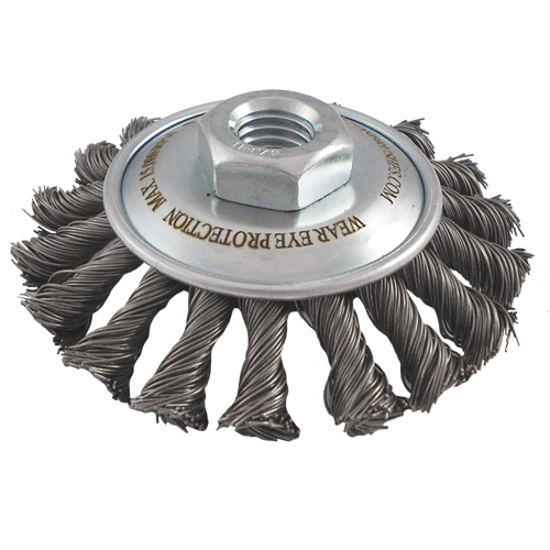 Brosses soucoupes &agrave; fils nou&eacute;s, Dia. 5", Fils 0,02", Arbre 5/8"-11, Acier Toolneeds Inc.