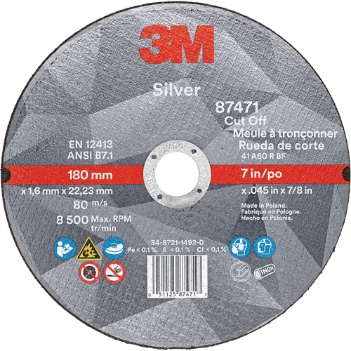Silver Cut-Off Wheel, 7" x 0.045", 7/8" Arbor, Type 1, Ceramic, 8500 RPM Toolneeds Inc.