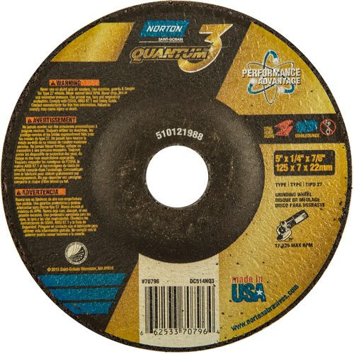 Quantum3 Grinding Wheel, 5" x 1/4", 7/8" Arbor, Ceramic, Type 27 Toolneeds Inc.