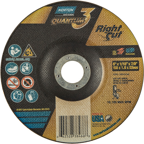 Quantum3 RightCut Cut-Off Wheel, 6" x 1/16", 7/8" Arbor, Type 27/42, Aluminum Oxide, 10185 RPM Toolneeds Inc.