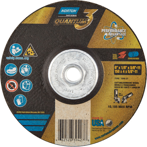 Disque de rectification et de tronçonnage Quantum3, 6" x 1/8", Arbre de 5/8"-11, Type 27, Grain de 24, C&eacute;ramique d'alumine Toolneeds Inc.