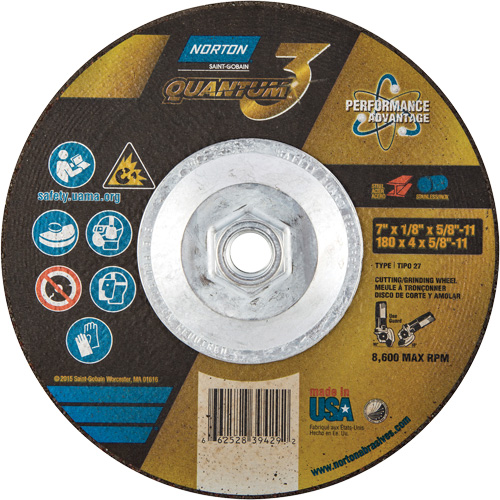 Quantum3 Grinding & Cutting Wheel, 7" x 1/8", 5/8"-11 Arbor, Type 27, 24 Grit, Ceramic Alumina Toolneeds Inc.
