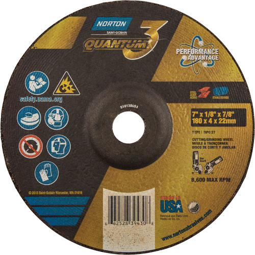 Quantum3 Grinding & Cutting Wheel, 7" x 1/8", 7/8" Arbor, Type 27, 24 Grit, Ceramic Alumina Toolneeds Inc.