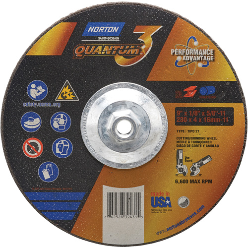 Quantum3 Grinding & Cutting Wheel, 9" x 1/8", 5/8"-11 Arbor, Type 27, 24 Grit, Ceramic Alumina Toolneeds Inc.