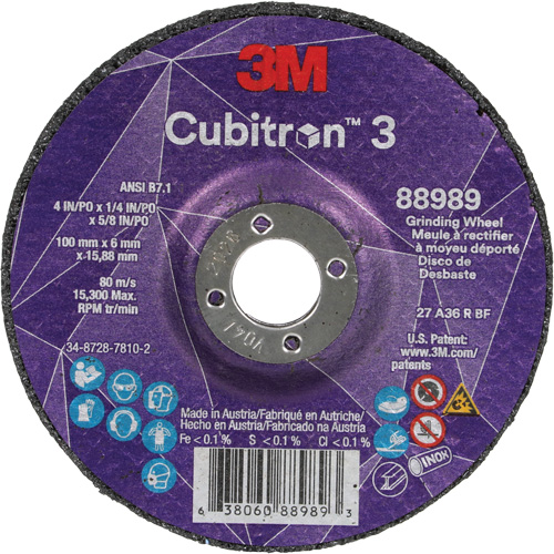 Cubitron 3 Depressed Centre Grinding Wheel, 4" x 1/4", 5/8" Arbor, Ceramic, Type T27 Toolneeds Inc.